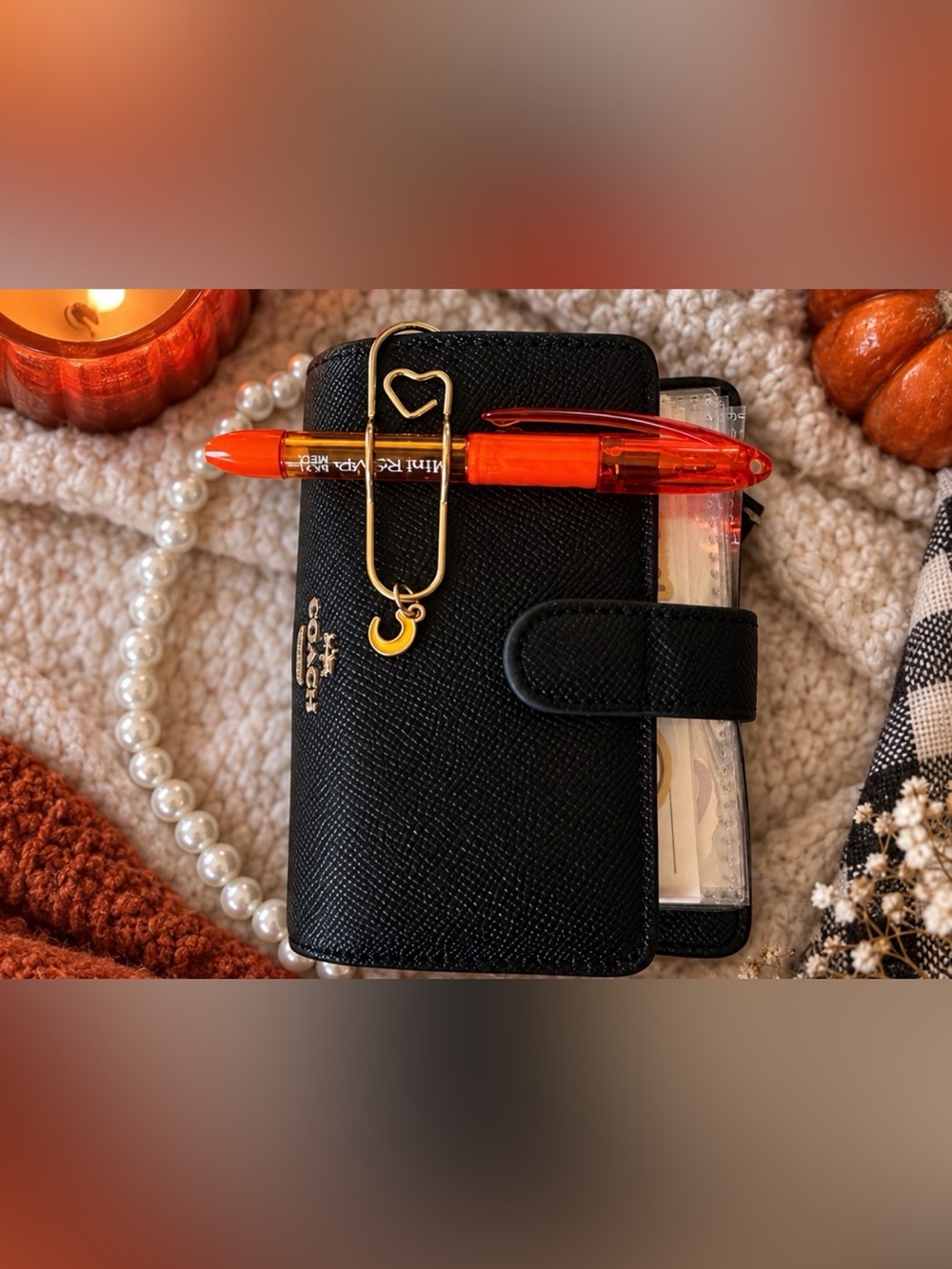Coach Black Saffiano-Style Card Holder with Gold Moon & Heart Charm